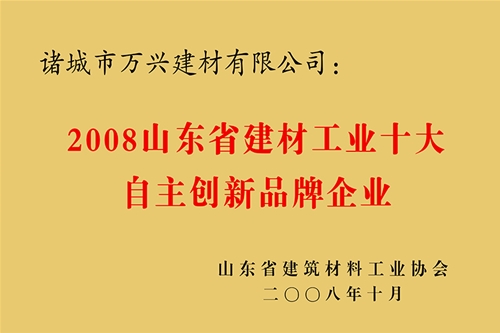 2008山东省建材工业十大自主创新品牌企业